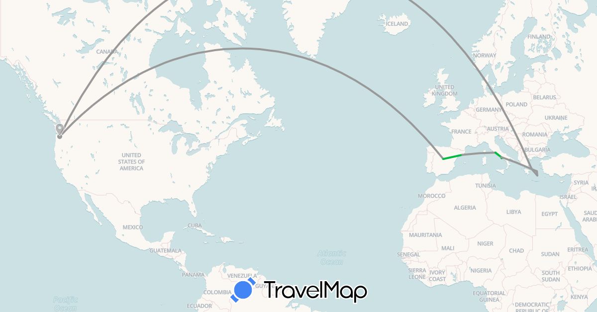 TravelMap itinerary: driving, bus, plane in Spain, Greece, Italy, United States (Europe, North America)